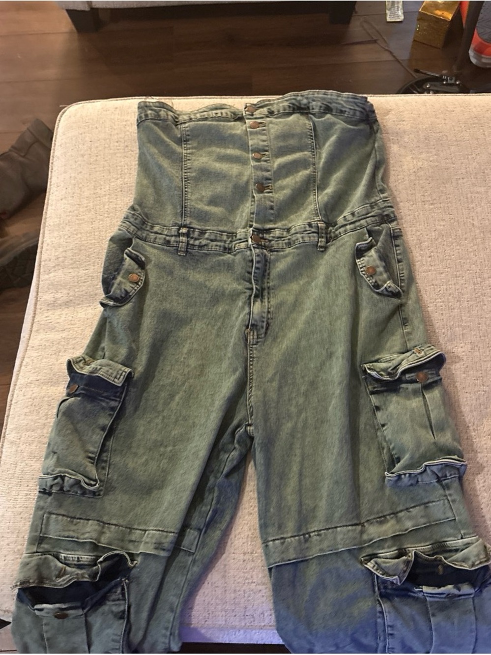 Strapless Denim Cargo Jumpsuit in Faded Green